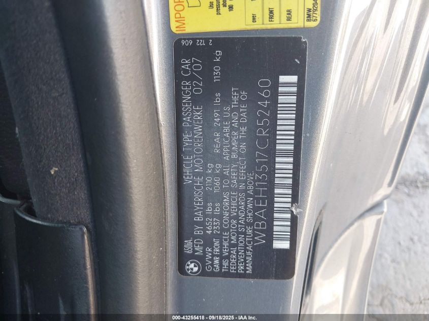 2007 BMW 650I VIN: WBAEH13517CR52460 Lot: 43255418