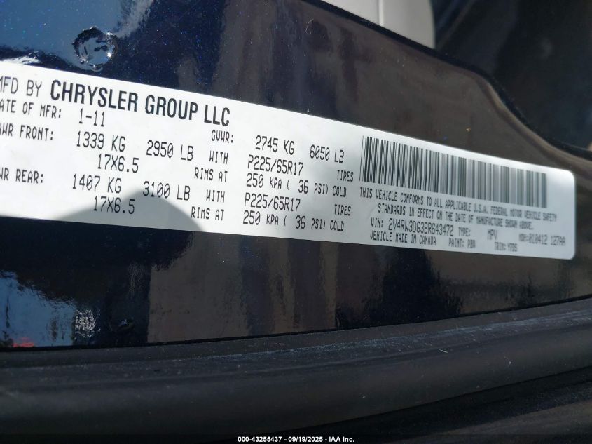 2011 Volkswagen Routan Se VIN: 2V4RW3DG3BR643472 Lot: 43255437