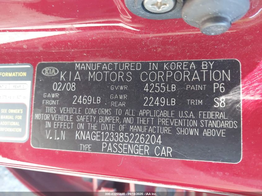 2008 Kia Optima Lx VIN: KNAGE123385226204 Lot: 43255446