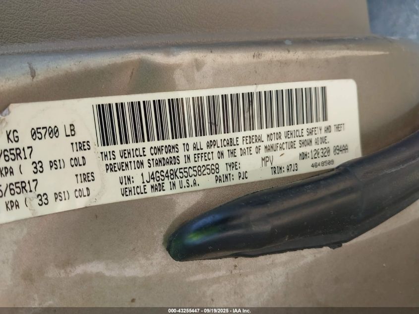 2005 Jeep Grand Cherokee Laredo VIN: 1J4GS48K55C582568 Lot: 43255447