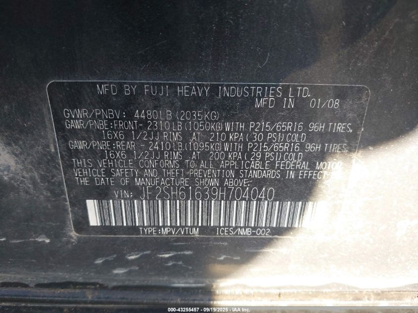 2009 Subaru Forester 2.5X VIN: JF2SH61639H704040 Lot: 43255457