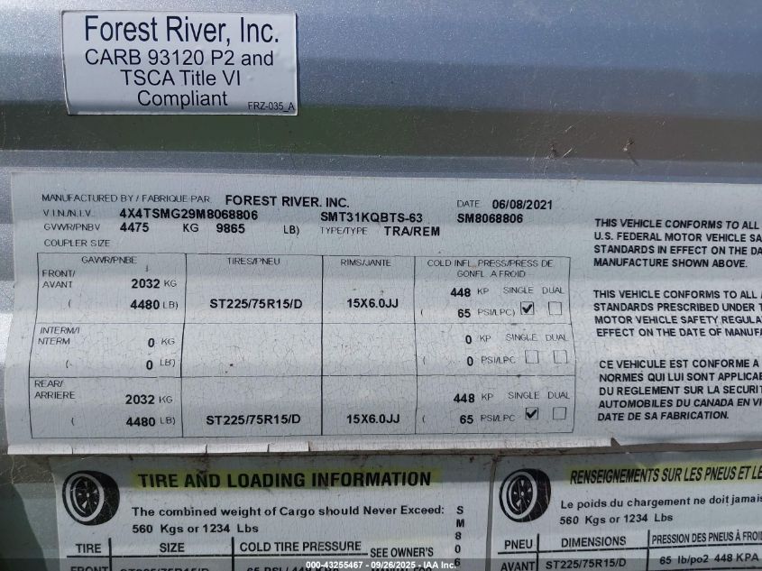 2021 Salem Other VIN: 4X4TSMG29M8068806 Lot: 43255467