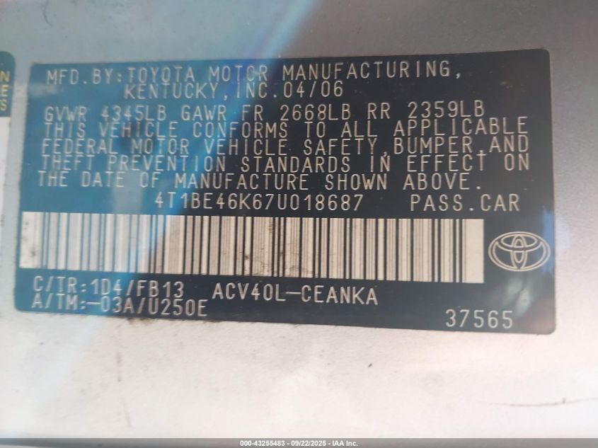 2007 Toyota Camry Le VIN: 4T1BE46K67U018687 Lot: 43255483