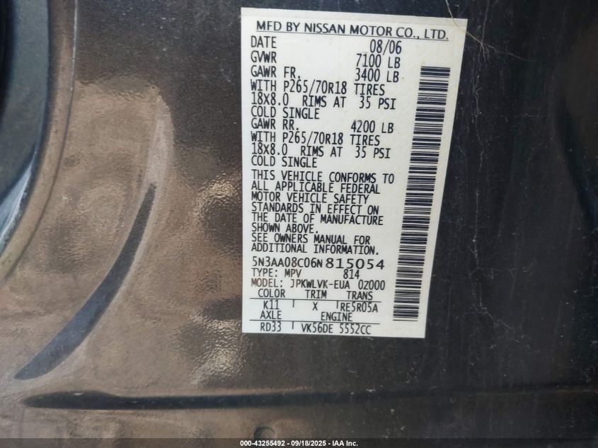 2006 Infiniti Qx56 VIN: 5N3AA08C06N815054 Lot: 43255492