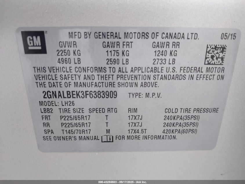 2015 Chevrolet Equinox 1Lt VIN: 2GNALBEK3F6383909 Lot: 43255503