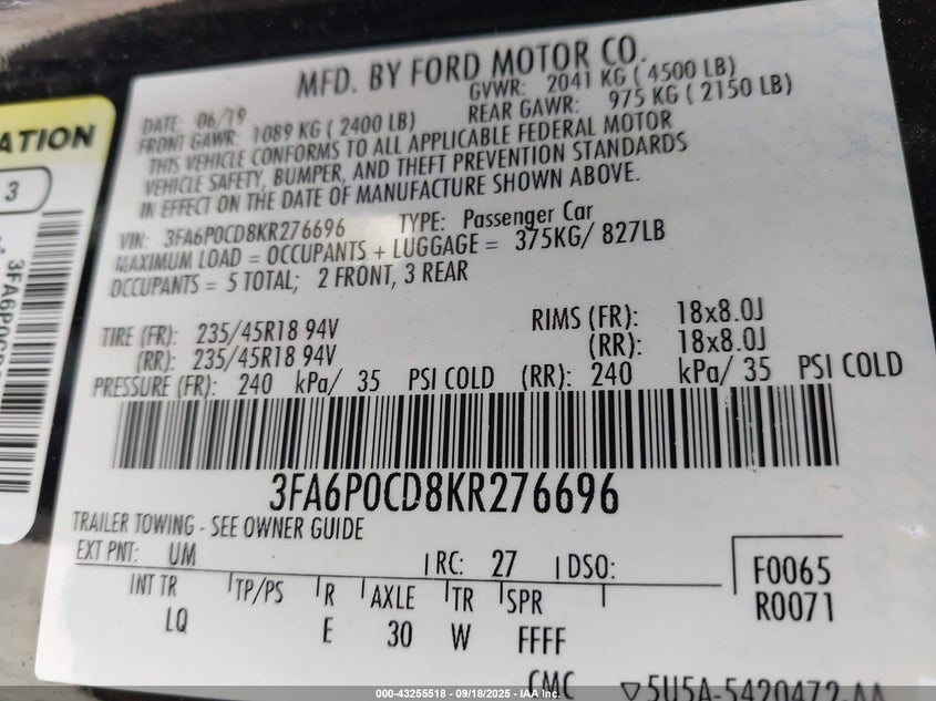 2019 FORD FUSION SEL - 3FA6P0CD8KR276696