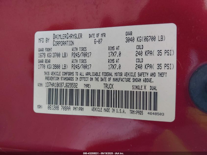 2007 Dodge Ram 1500 St VIN: 1D7HA18K87J629592 Lot: 43255531