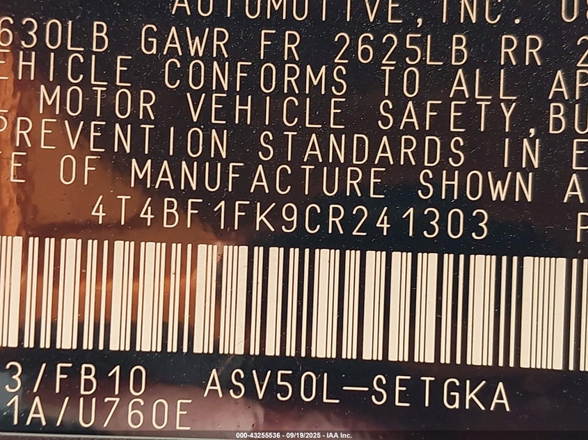 2012 Toyota Camry Xle VIN: 4T4BF1FK9CR241303 Lot: 43255536