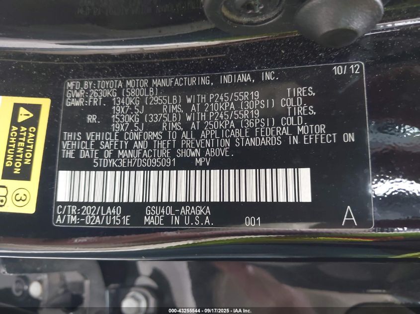 2013 Toyota Highlander Limited V6 VIN: 5TDYK3EH7DS095091 Lot: 43255544