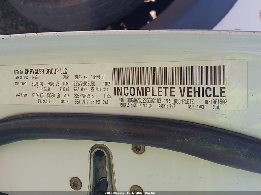 2011 Ram Ram 5500 Hd Chassis St/Slt/Laramie VIN: 3D6WA7CL2BG502183 Lot: 43255547