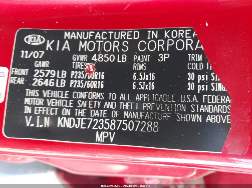 2008 Kia Sportage Ex V6 VIN: KNDJE723587507288 Lot: 43255555