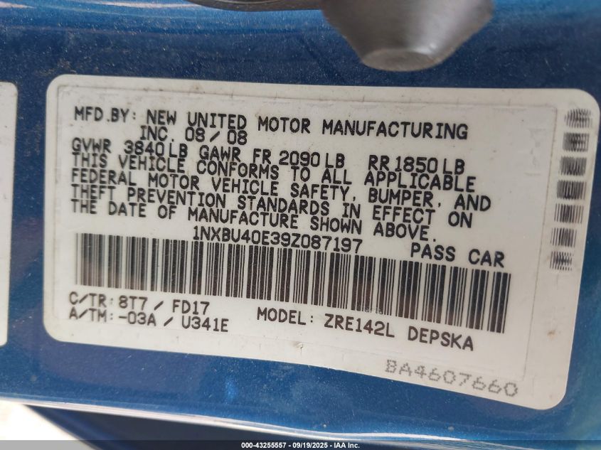 2009 Toyota Corolla S VIN: 1NXBU40E39Z087197 Lot: 43255557