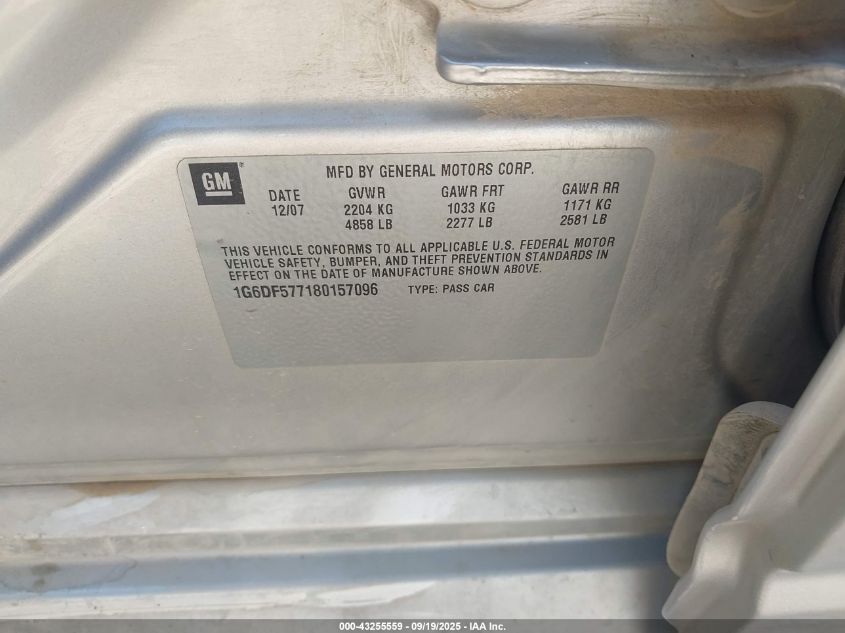 2008 Cadillac Cts Standard VIN: 1G6DF577180157096 Lot: 43255559