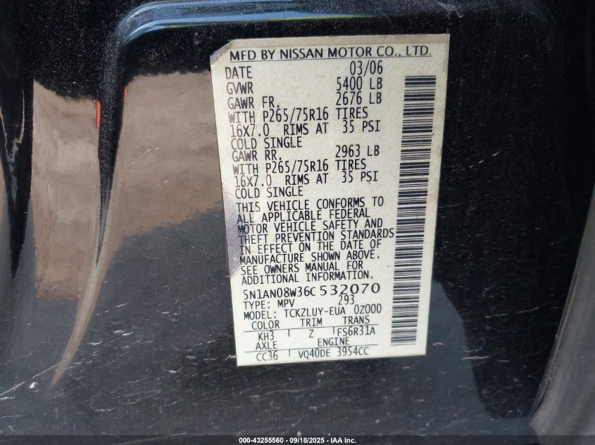 2006 Nissan Xterra Off Road VIN: 5N1AN08W36C532070 Lot: 43255560