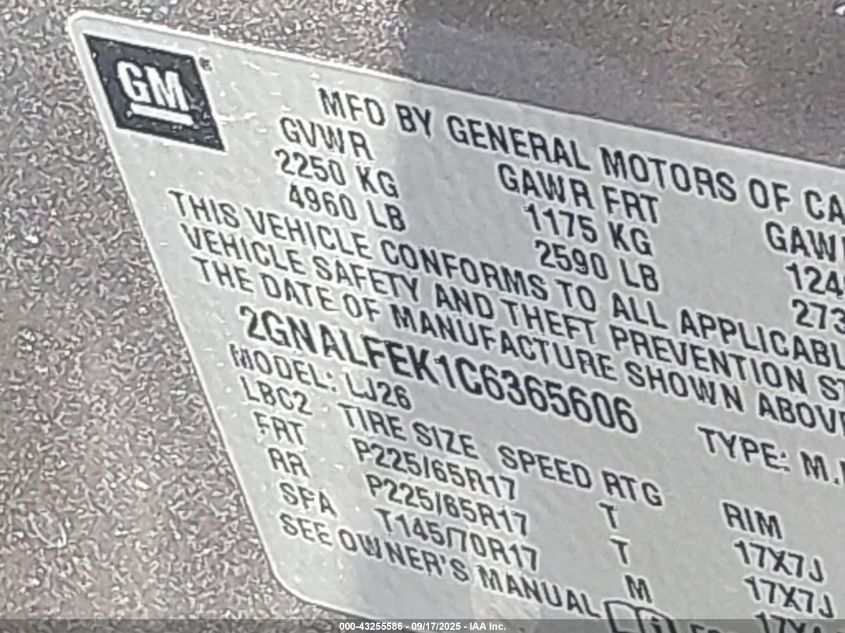 2012 Chevrolet Equinox Ltz VIN: 2GNALFEK1C6365606 Lot: 43255586