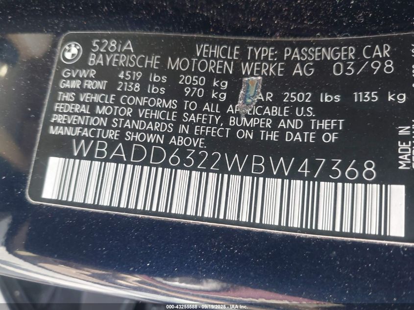 1998 BMW 528I VIN: WBADD6322WBW47368 Lot: 43255588