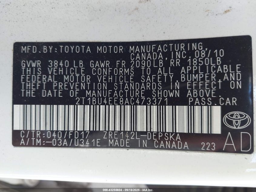 2010 Toyota Corolla S VIN: 2T1BU4EE8AC473371 Lot: 43255604