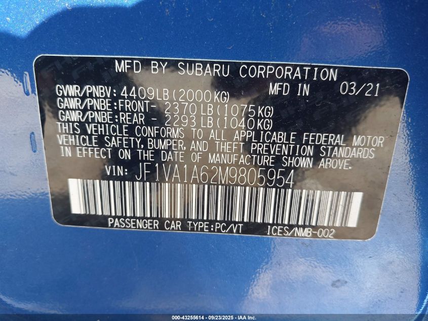 2021 Subaru Wrx VIN: JF1VA1A62M9805954 Lot: 43255614