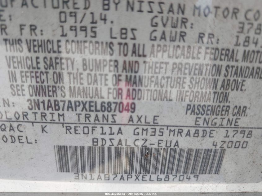 2014 Nissan Sentra S VIN: 3N1AB7APXEL687049 Lot: 43255624