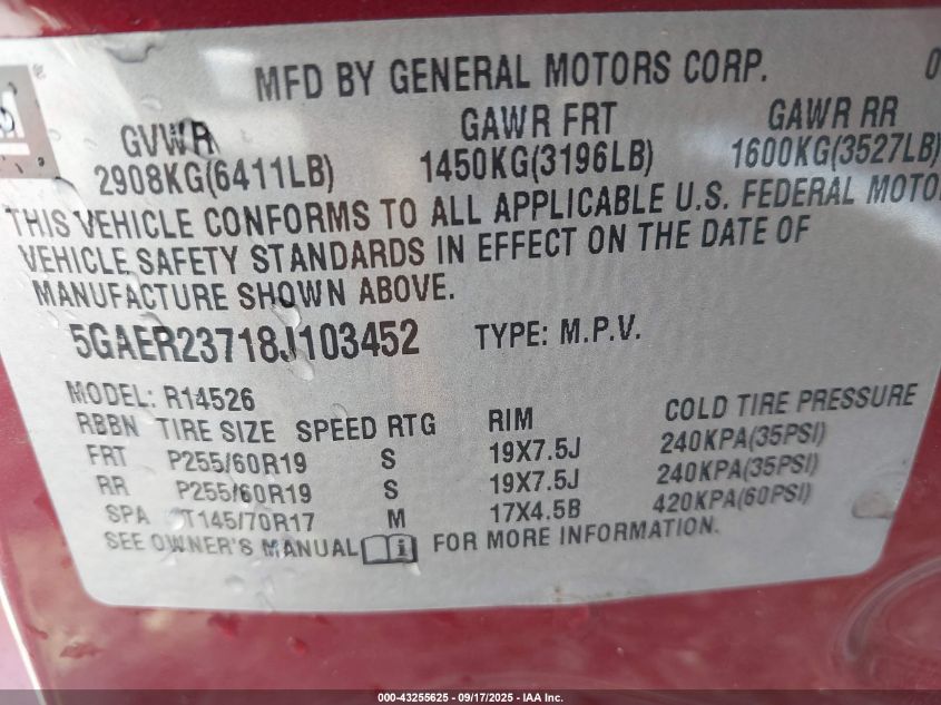 2008 Buick Enclave Cxl VIN: 5GAER23718J103452 Lot: 43255625