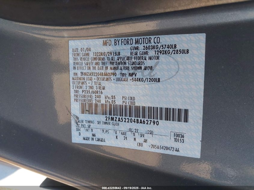 2004 Ford Freestar Sel VIN: 2FMZA52204BA62790 Lot: 43255642