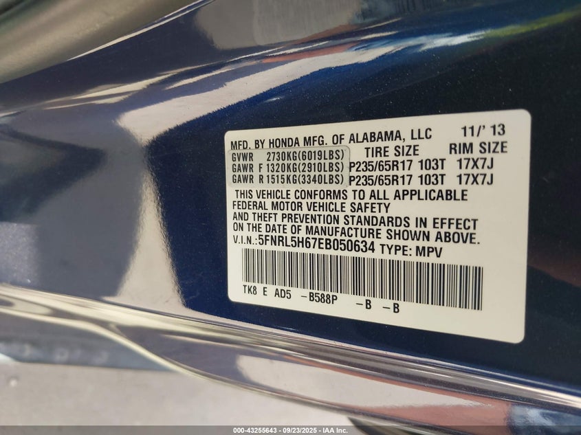 2014 Honda Odyssey Ex-L VIN: 5FNRL5H67EB050634 Lot: 43255643