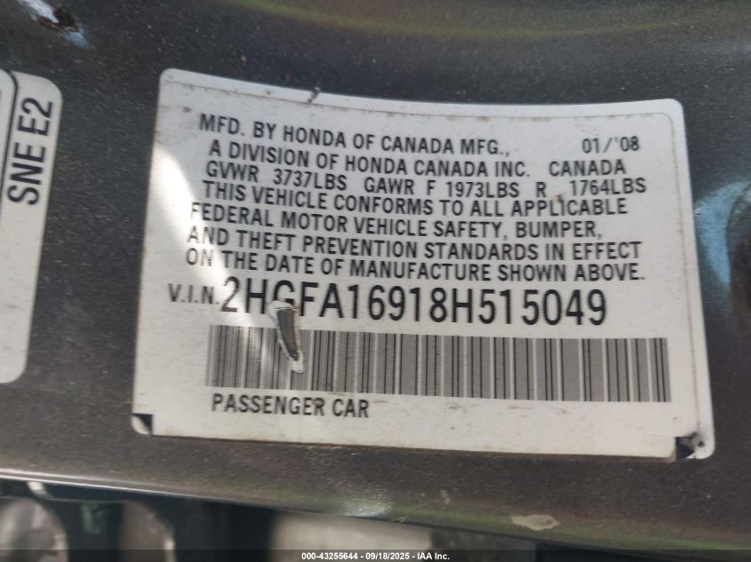 2008 Honda Civic Ex-L VIN: 2HGFA16918H515049 Lot: 43255644