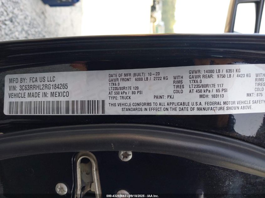 2024 Ram 3500 Big Horn 4X4 8' Box VIN: 3C63RRHL2RG184265 Lot: 43255663