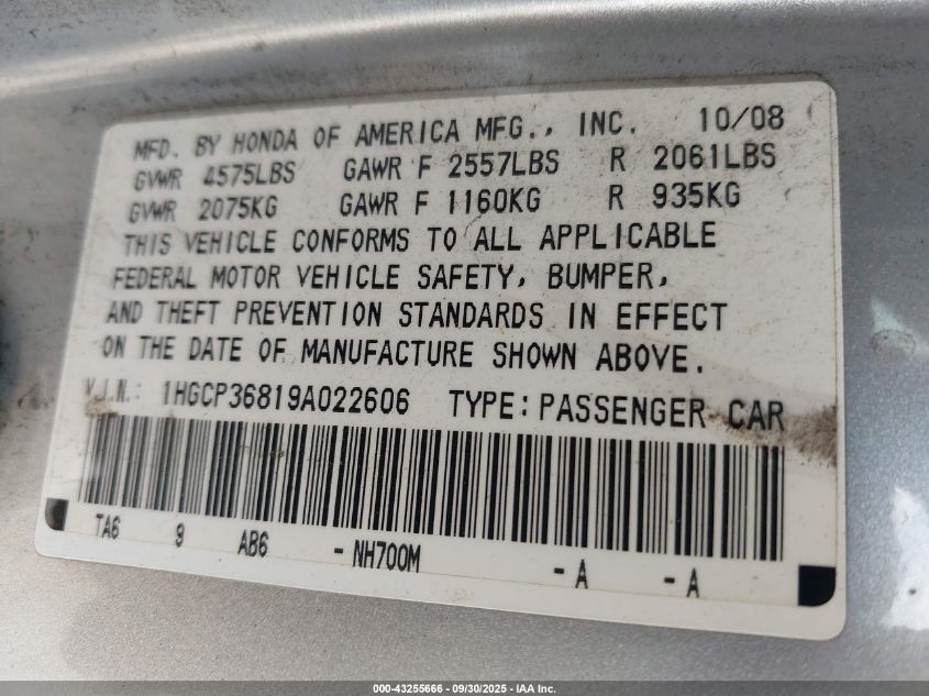 2009 Honda Accord 3.5 Ex-L VIN: 1HGCP36819A022606 Lot: 43255666