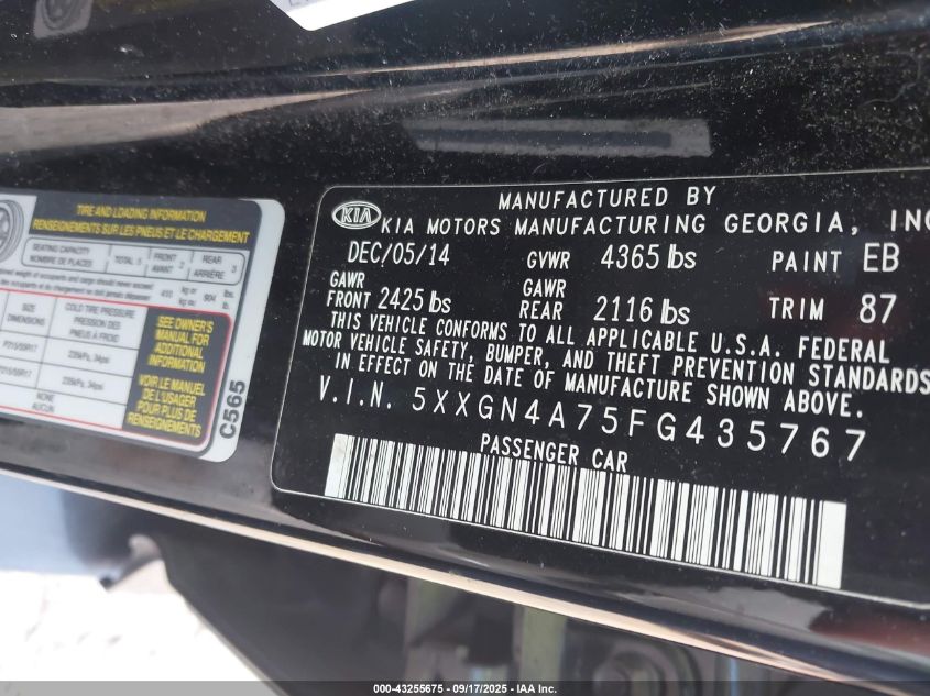 2015 Kia Optima Ex VIN: 5XXGN4A75FG435767 Lot: 43255675