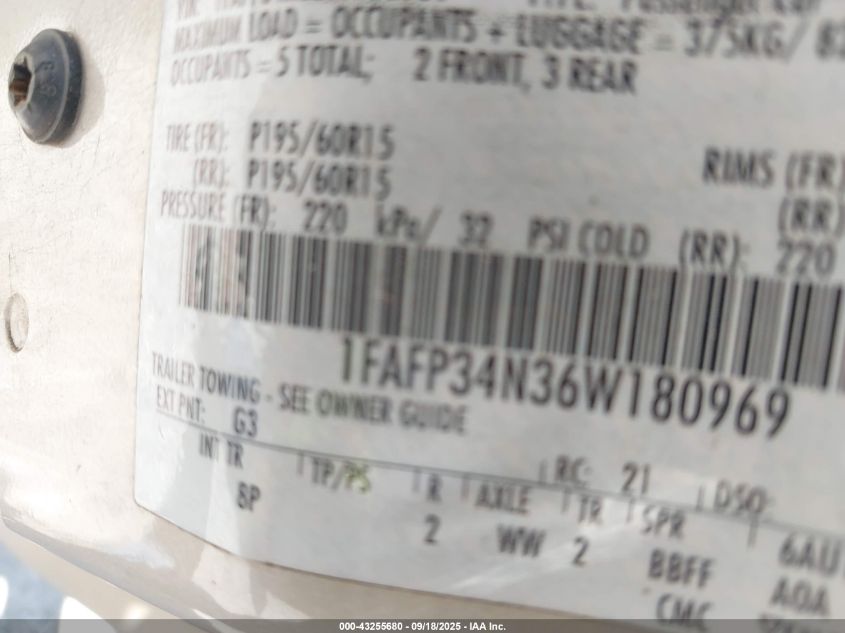 2006 Ford Focus Zx4 VIN: 1FAFP34N36W180969 Lot: 43255680