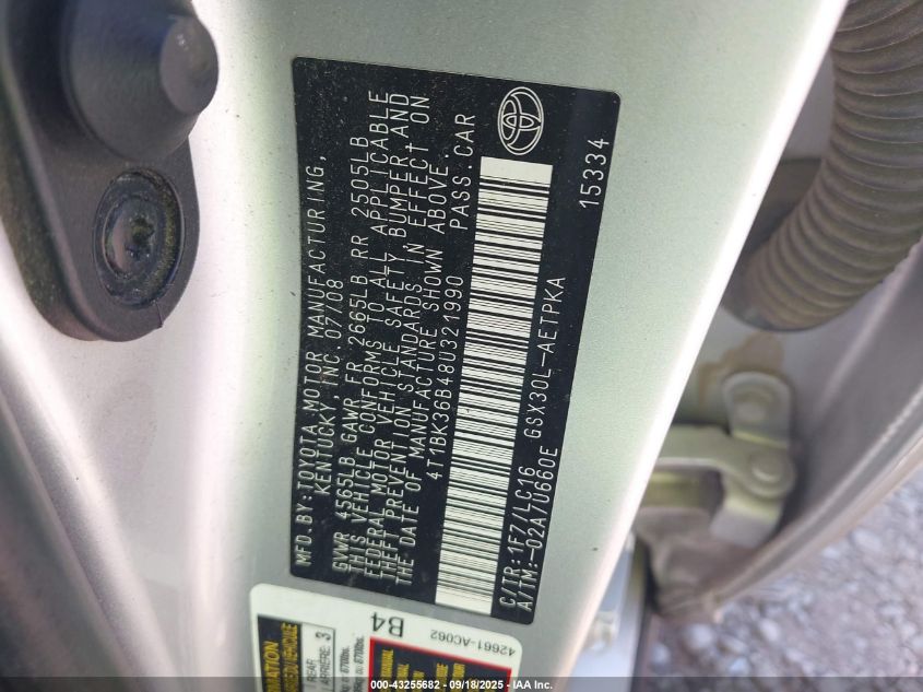 2008 Toyota Avalon Limited VIN: 4T1BK36B48U321990 Lot: 43255682