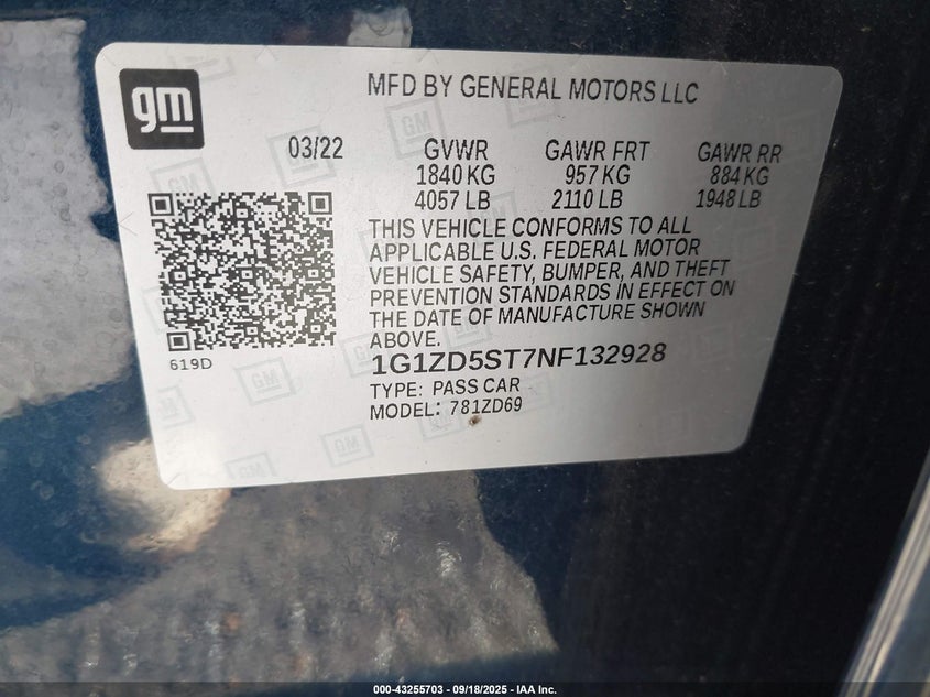 2022 CHEVROLET MALIBU FWD LT - 1G1ZD5ST7NF132928