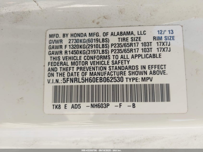 2014 Honda Odyssey Ex-L VIN: 5FNRL5H60EB062530 Lot: 43255706