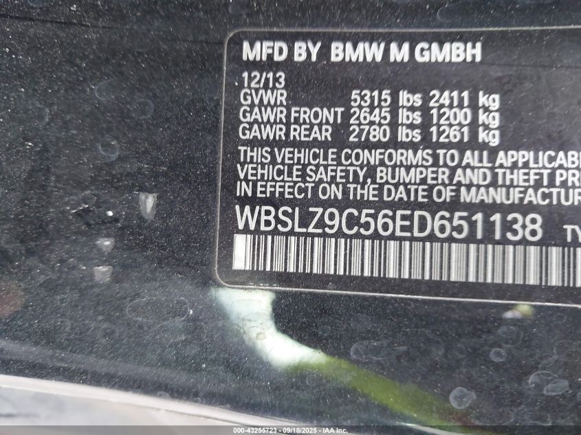 2014 BMW M6 VIN: WBSLZ9C56ED651138 Lot: 43255723