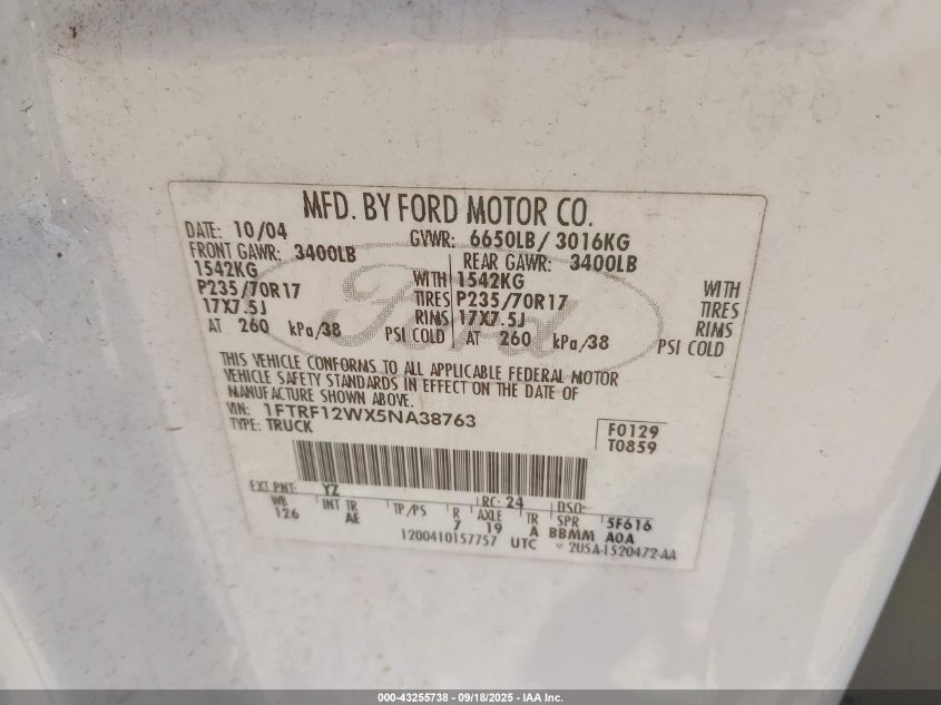 2005 Ford F-150 Stx/Xl/Xlt VIN: 1FTRF12WX5NA38763 Lot: 43255738