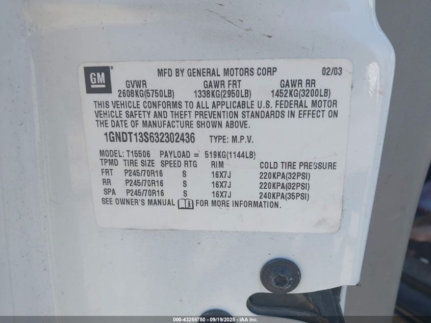 2003 Chevrolet Trailblazer Ls VIN: 1GNDT13S632302436 Lot: 43255750