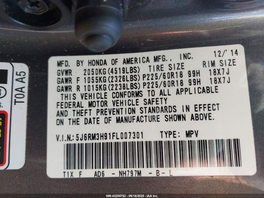 2015 Honda Cr-V Touring VIN: 5J6RM3H91FL007301 Lot: 43255752