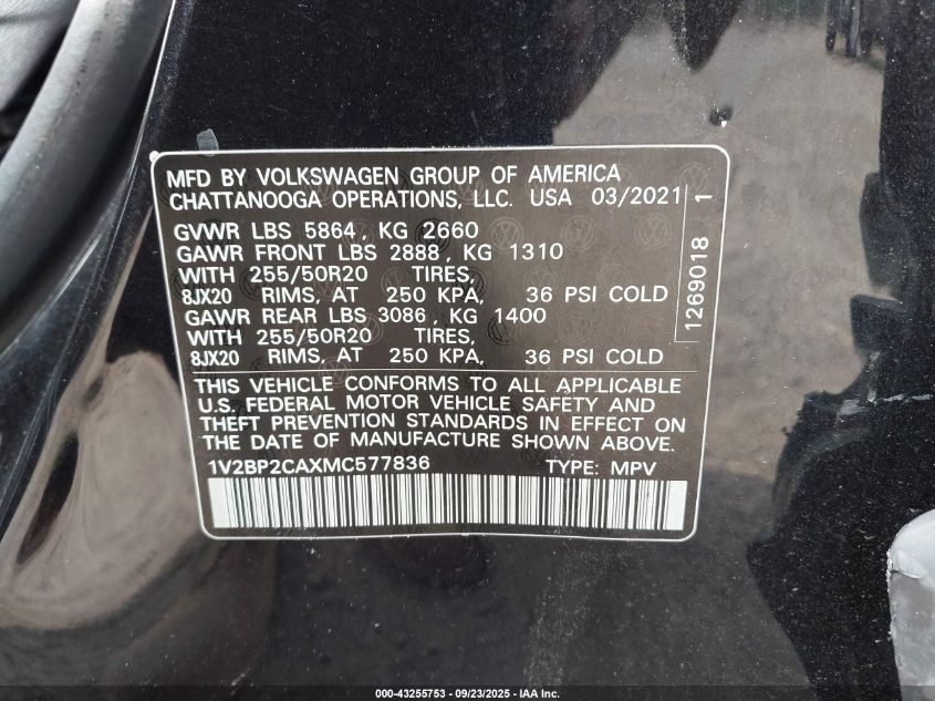 2021 Volkswagen Atlas 2.0T Sel VIN: 1V2BP2CAXMC577836 Lot: 43255753