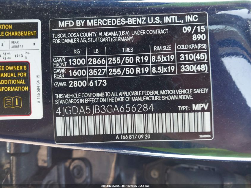 2016 Mercedes-Benz Gle 350 VIN: 4JGDA5JB3GA656284 Lot: 43255765