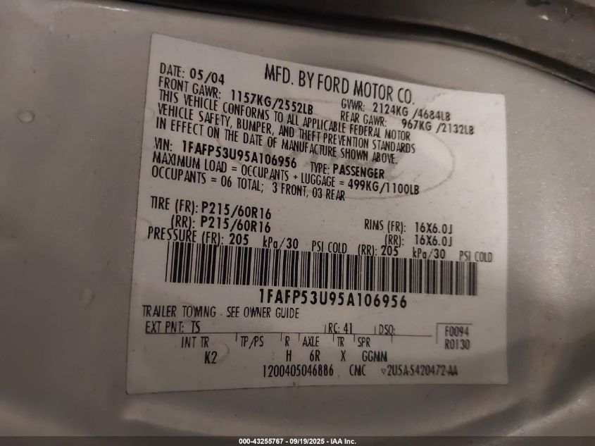 2005 Ford Taurus Se VIN: 1FAFP53U95A106956 Lot: 43255767