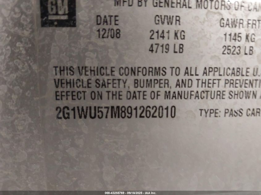 2009 Chevrolet Impala Ltz VIN: 2G1WU57M891262010 Lot: 43255769