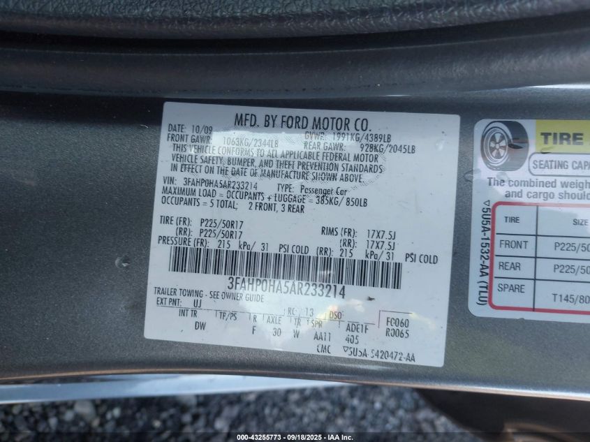 2010 Ford Fusion Se VIN: 3FAHP0HA5AR233214 Lot: 43255773