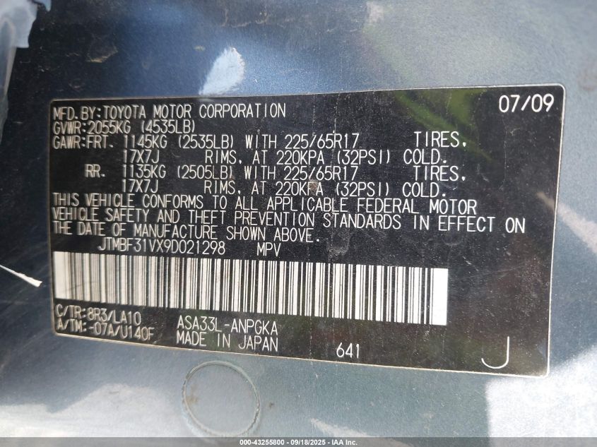 2009 Toyota Rav4 Limited VIN: JTMBF31VX9D021298 Lot: 43255800