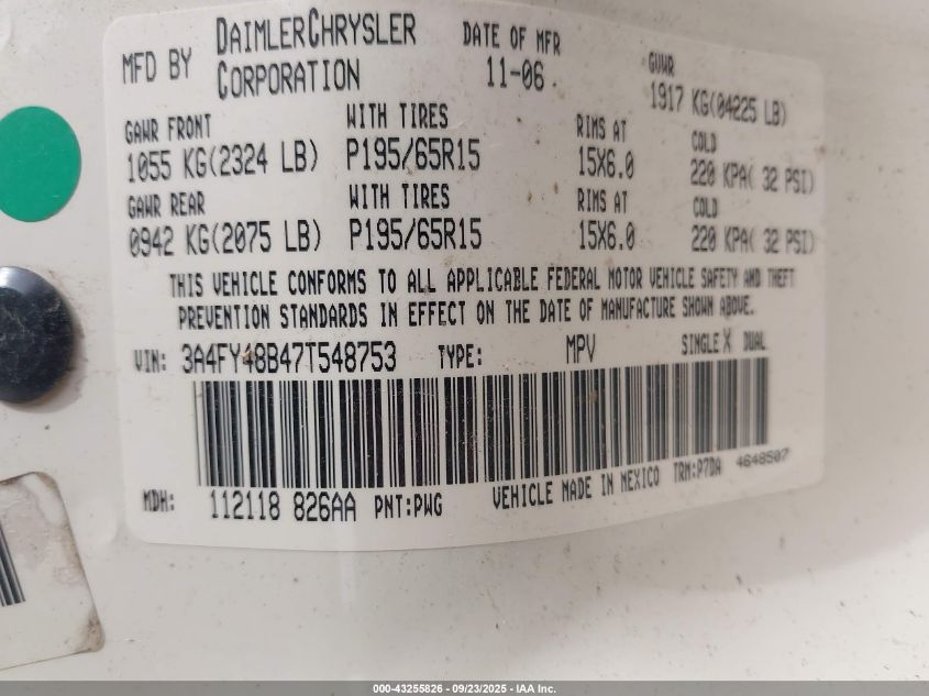 2007 Chrysler Pt Cruiser VIN: 3A4FY48B47C548753 Lot: 43255826