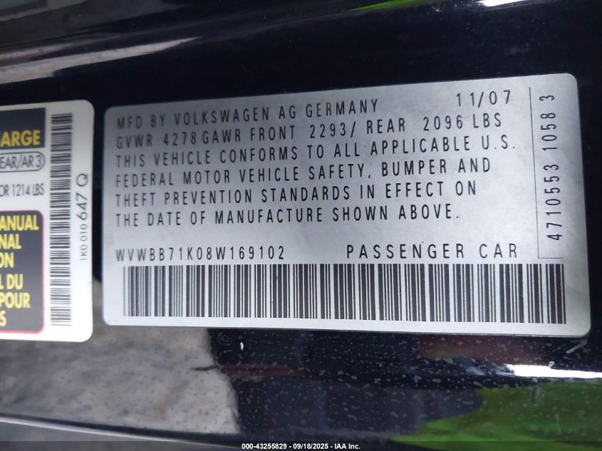 2008 Volkswagen Rabbit S VIN: WVWBB71K08W169102 Lot: 43255829