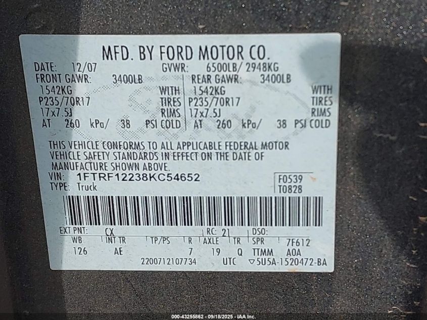 2008 Ford F-150 Stx/Xl/Xlt VIN: 1FTRF12238KC54652 Lot: 43255862