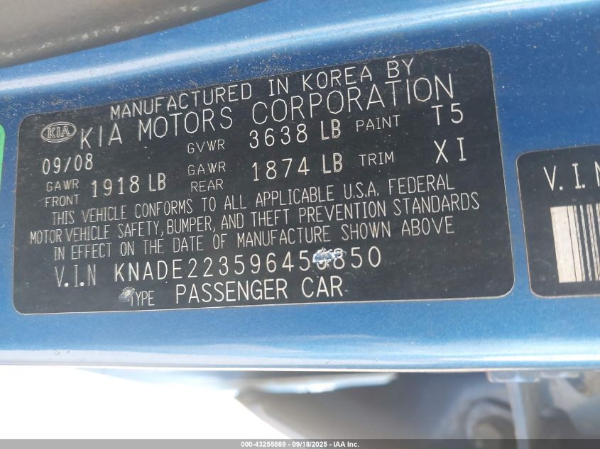 2009 Kia Rio Lx VIN: KNADE223596456850 Lot: 43255869