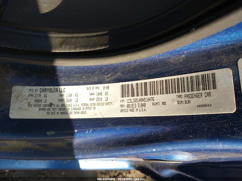 2009 Chrysler Sebring Limited VIN: 1C3LC65V09N510476 Lot: 43255880