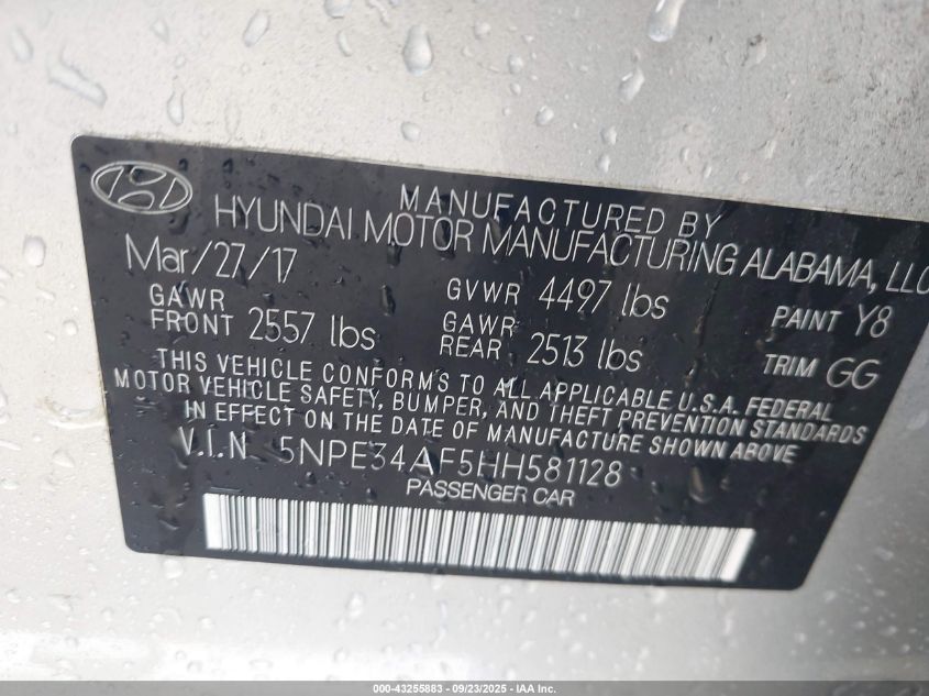 2017 Hyundai Sonata Sport VIN: 5NPE34AF5HH581128 Lot: 43255883